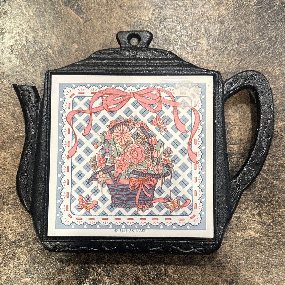 Pink Floral Basket Tile Art Print in Black Teapot Frame
